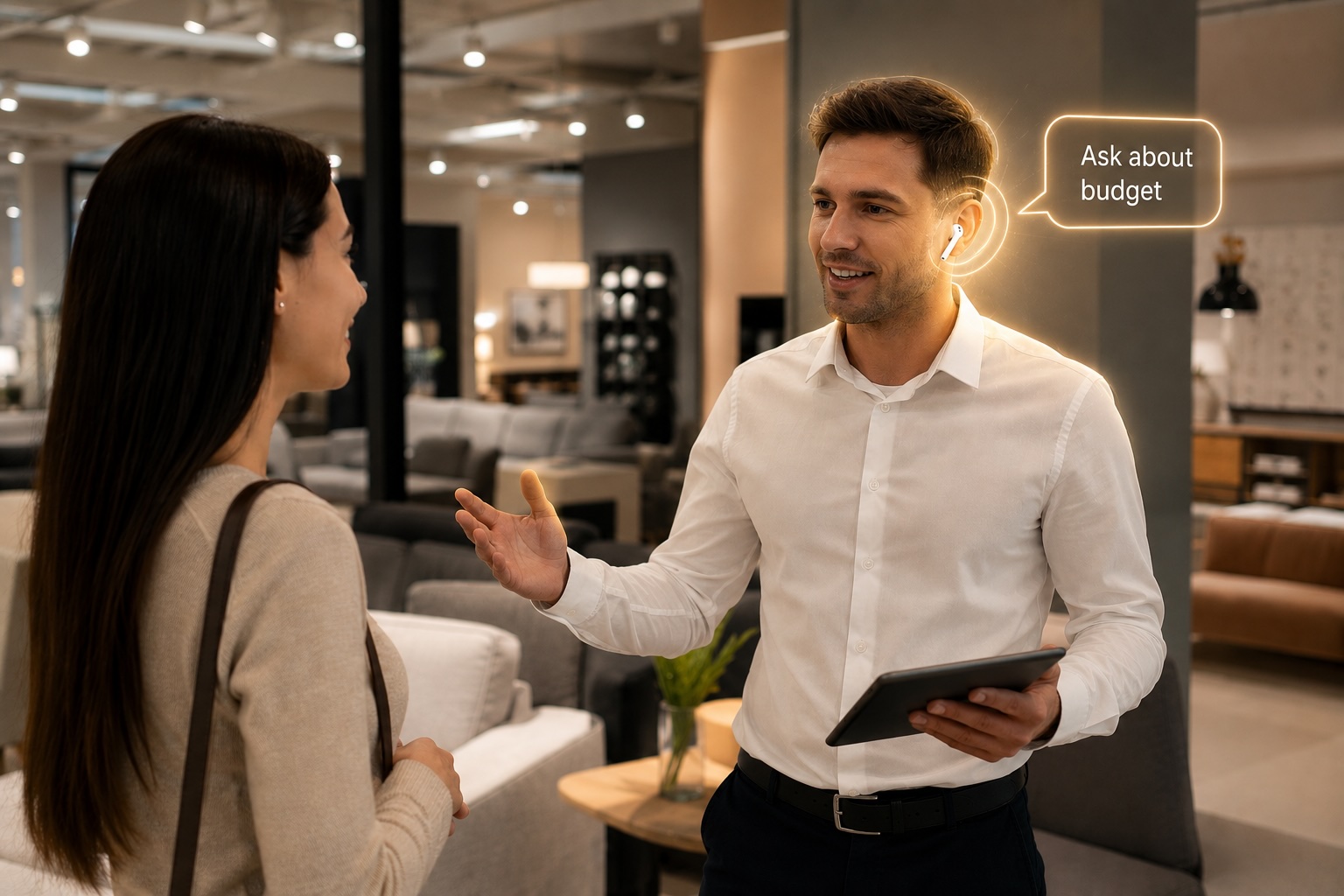 A rep with an earpiece and tablet advising a customer on a showroom floor, with a live Wispero prompt 'Ask about budget'