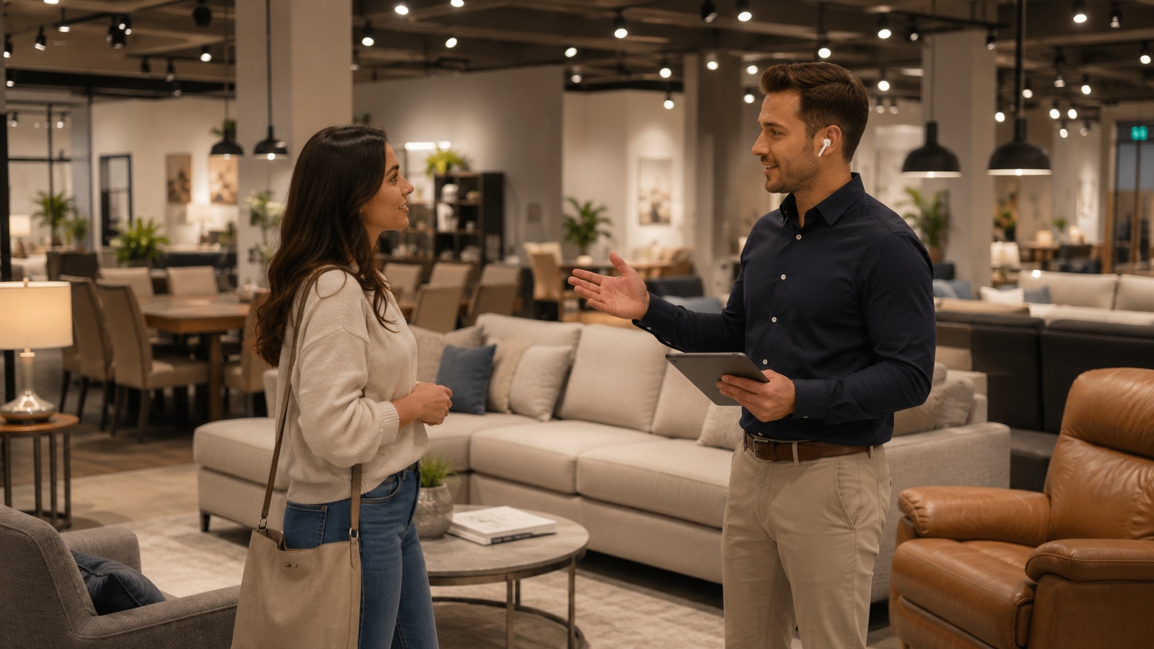 A sales rep with an earpiece and tablet advising a customer on a furniture showroom floor