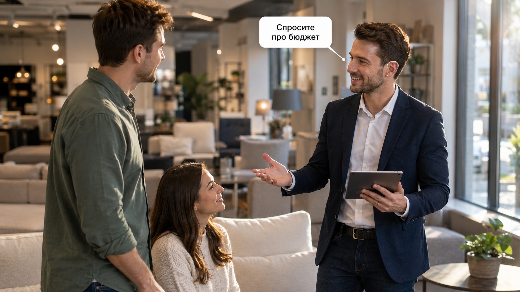 A rep with an earpiece and tablet advising customers on a showroom floor, with a live Wispero prompt